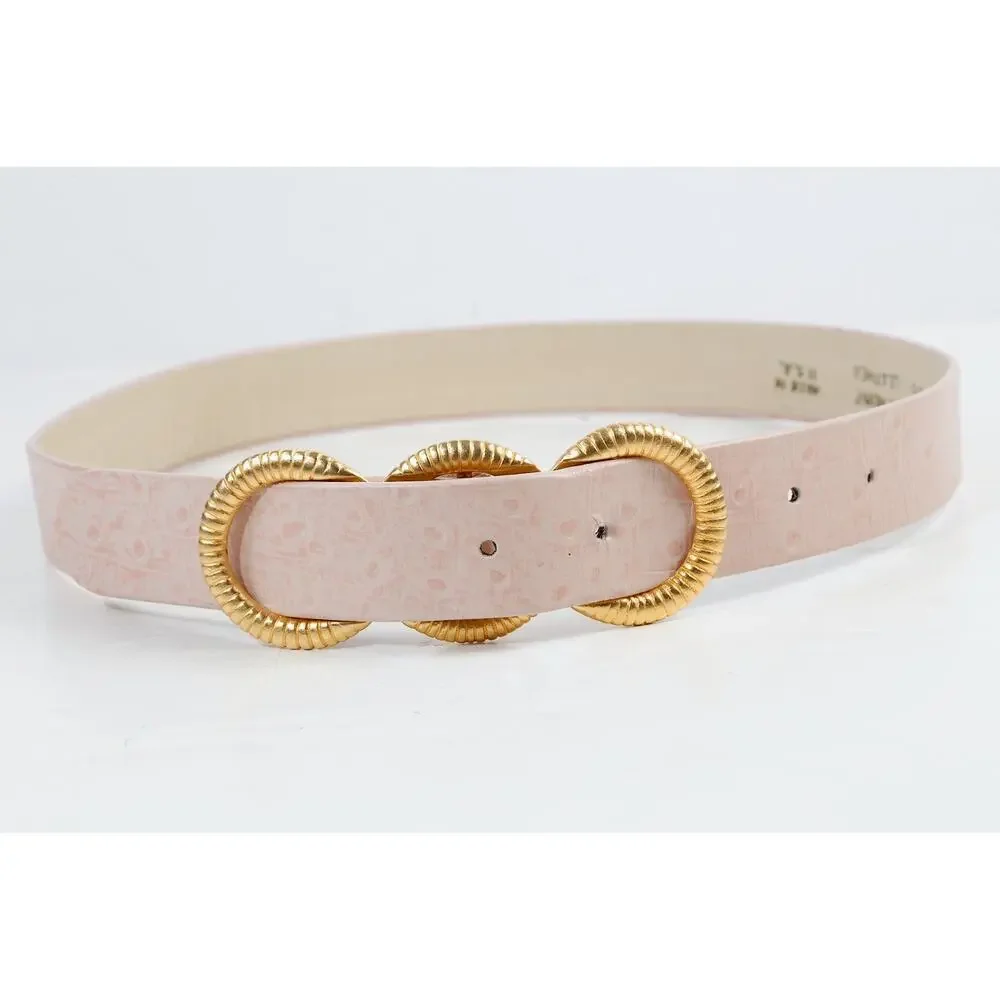 VTG Carlisle Blush Pink Ostrich Leather Belt Gold Ribbed Triple Ring Buckle M